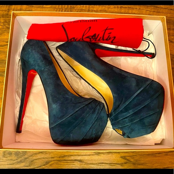 Christian Louboutin Drapesse 160 Suede Teal Peep Toe Heels